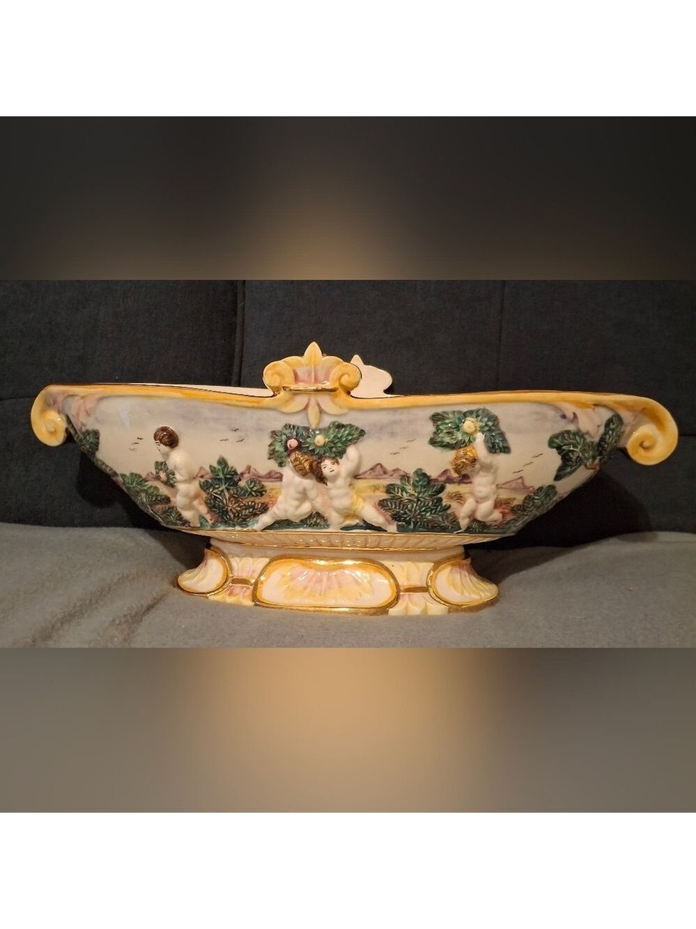Capodimonte Ornate Italian Ceramic Bowl with Cherub Design 15"
